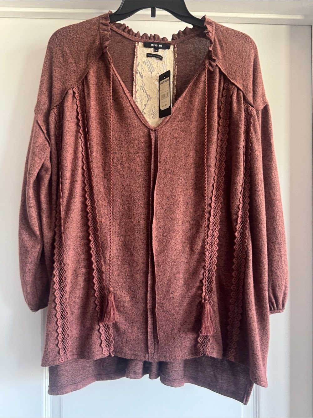 Miss Me Rose Taupe Lace-Trim V-Neck Tassel Top